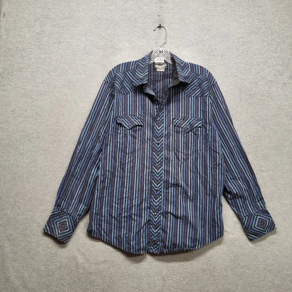 VINTAGE Wrangler Men Button Up Shirt Large Blue Striped‎ Western Pearl Snap